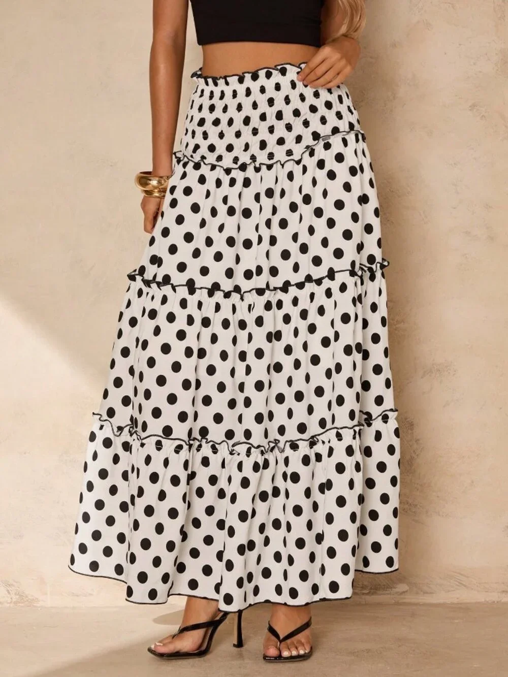 Black and White Casual Women's Polka Dot Boho Long Flare Skirt